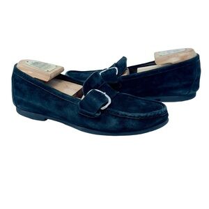 AGL Women’s 38.5 Black Suede Leather Buckle Strap Moc Toe Loafer Shoes